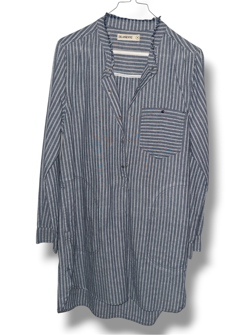 [BLANKNYC] Striped Linen Blend Tunic Dress Size M Distressed Collar Snap Front - Picture 3 of 12